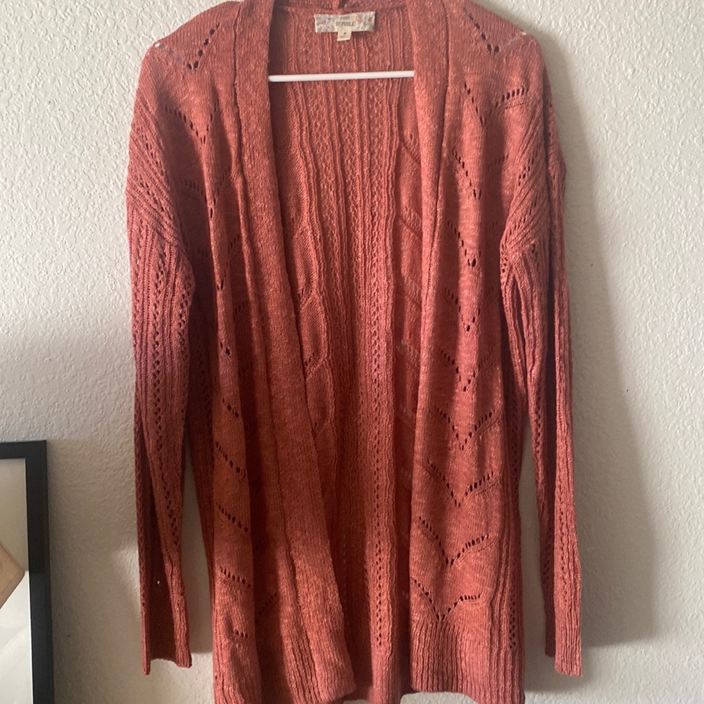 Pink Republic size M, long sleeve, pink- (coral-salmon) color open cardigan.